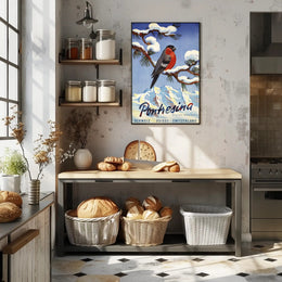 Vibrant Bullfinch Snowy Swiss Landscape Travel Poster PosterGoat