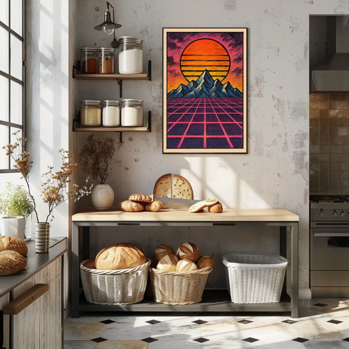 Retro-Futuristic Sunset over Mountains: Futuristic Sci-Fi Poster