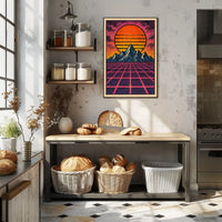 Retro-Futuristic Sunset over Mountains: Futuristic Sci-Fi Poster
