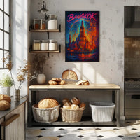 This vibrant poster art depicts an iconic temple in Bangkok, Thailand, likely the Travel Poster