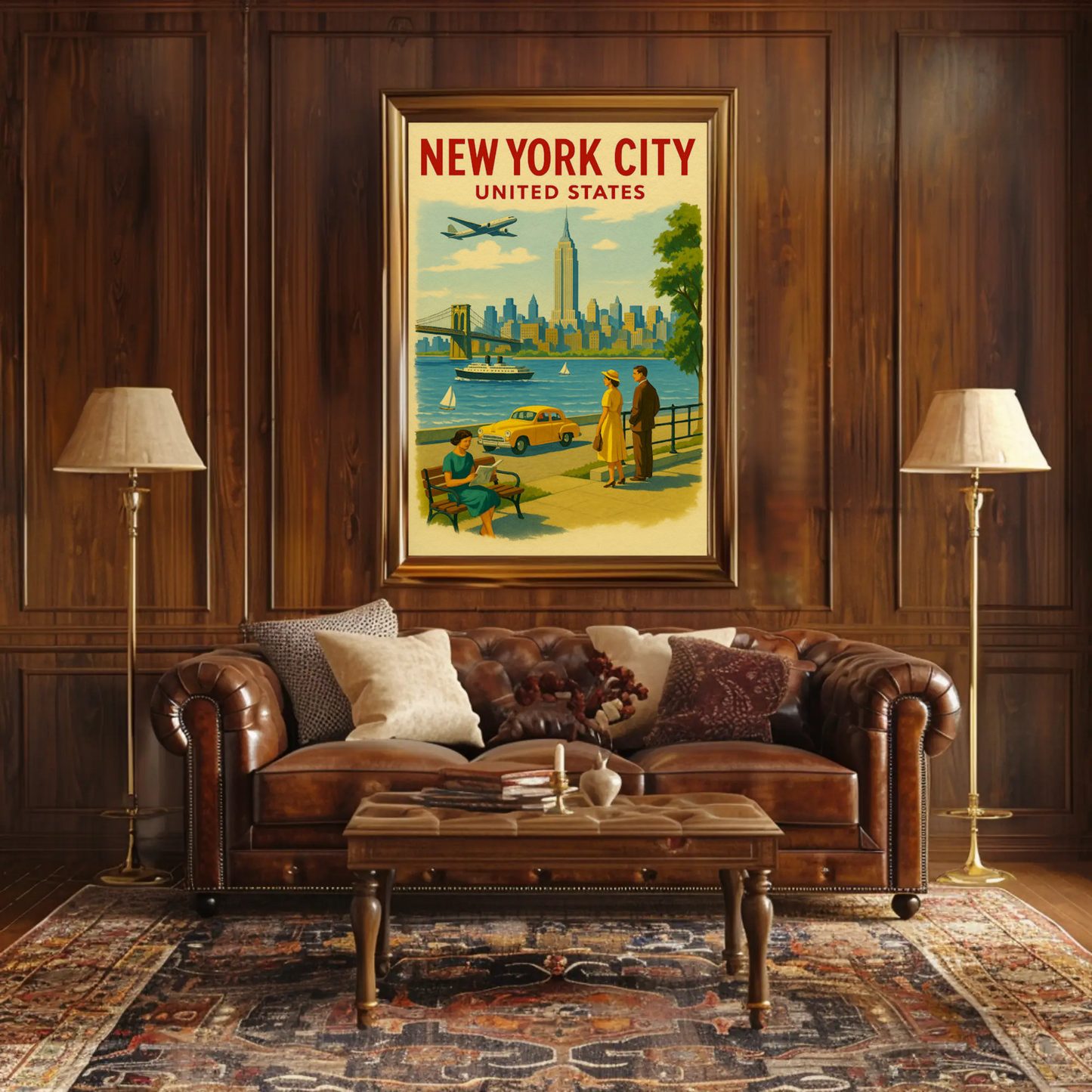 New York City 1950s Skyline Brooklyn Bridge Travel Poster