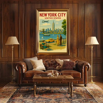 New York City 1950s Skyline Brooklyn Bridge Travel Poster