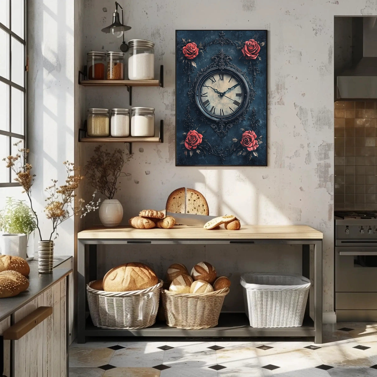 Ornate Vintage Clock and Roses Wall Art Artistic Poster