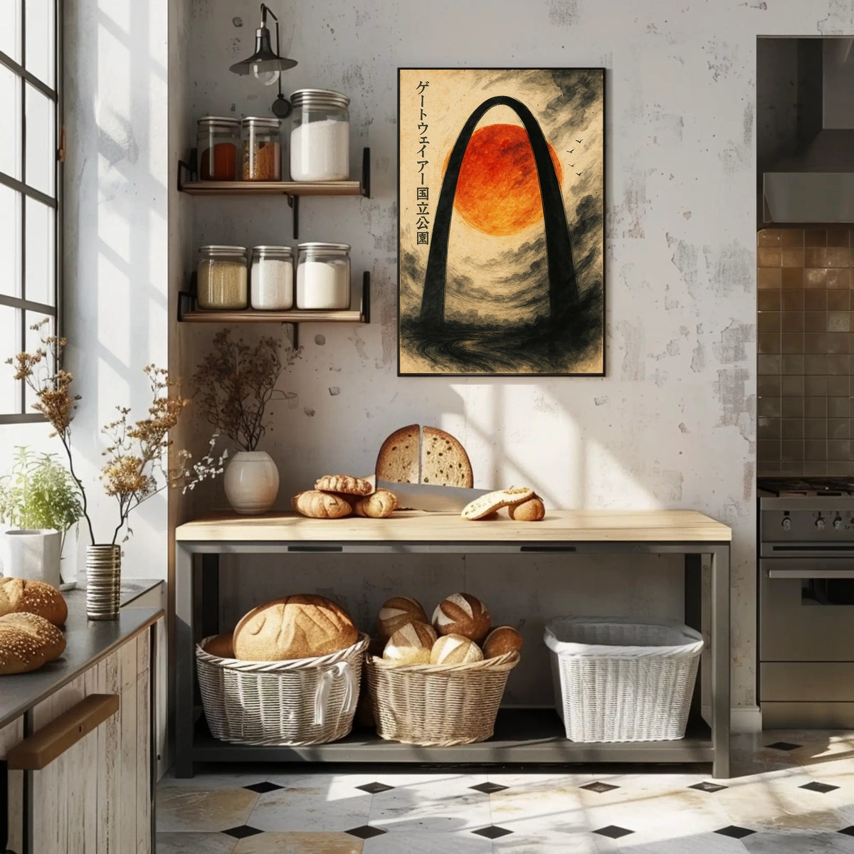 Stylized Arch and Red Sun Vintage Artistic Japanese Poster