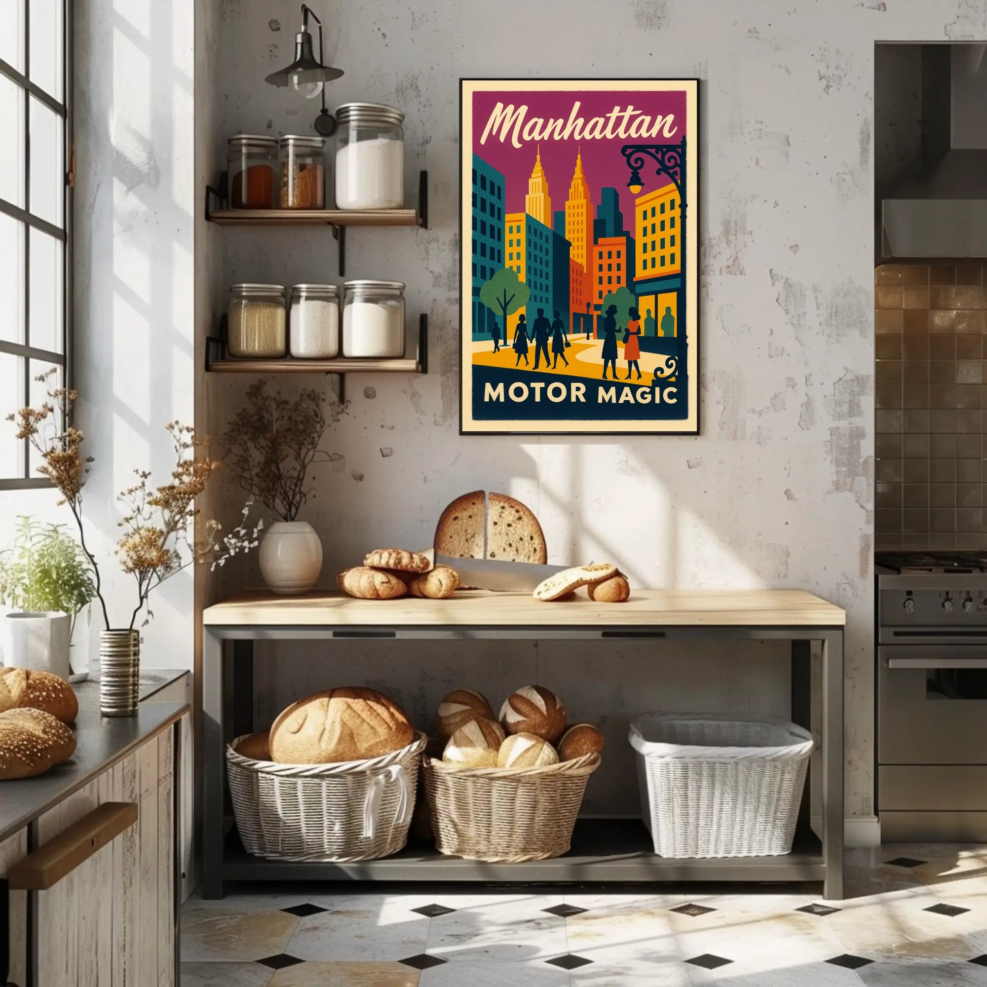 Stylized Manhattan Cityscape in Vibrant Art Deco Urban or Cityscape Poster