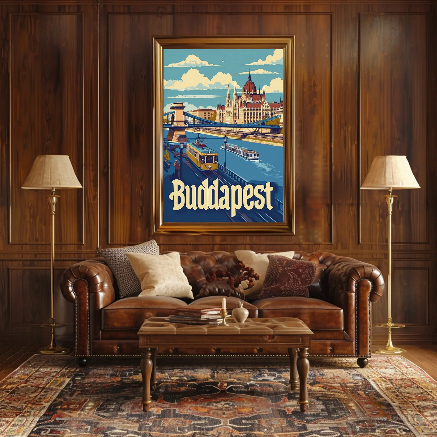 Budapest Parliament Bridge Tram River Travel Poster