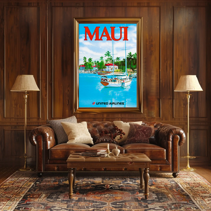 Maui Hawaii Harbor Sailboats Airlines Travel Poster