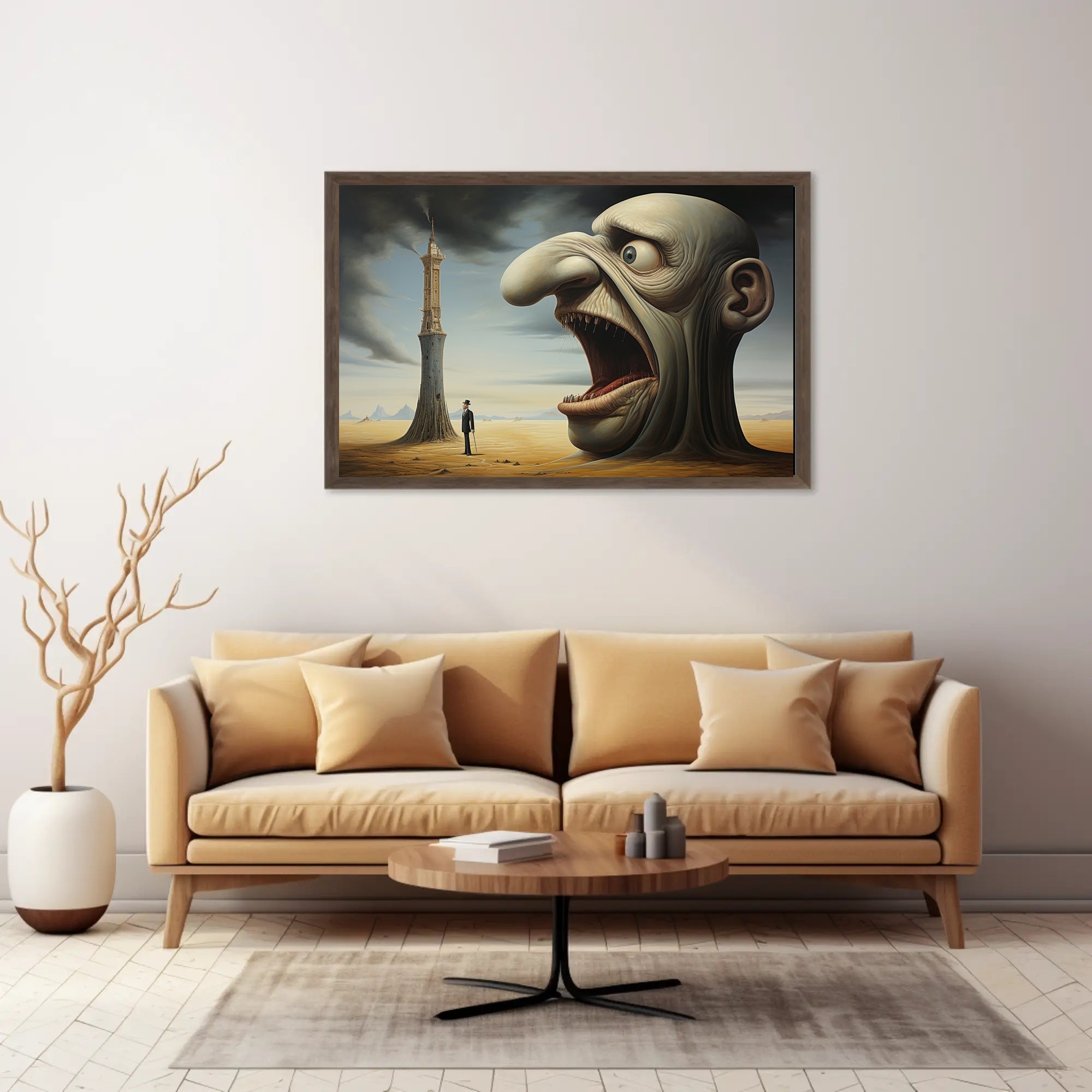 Surreal Desert Landscape with Grotesque Elements - Artistic Poster