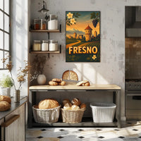 Fresno Vintage Travel Art Poster with Sunset Scenery