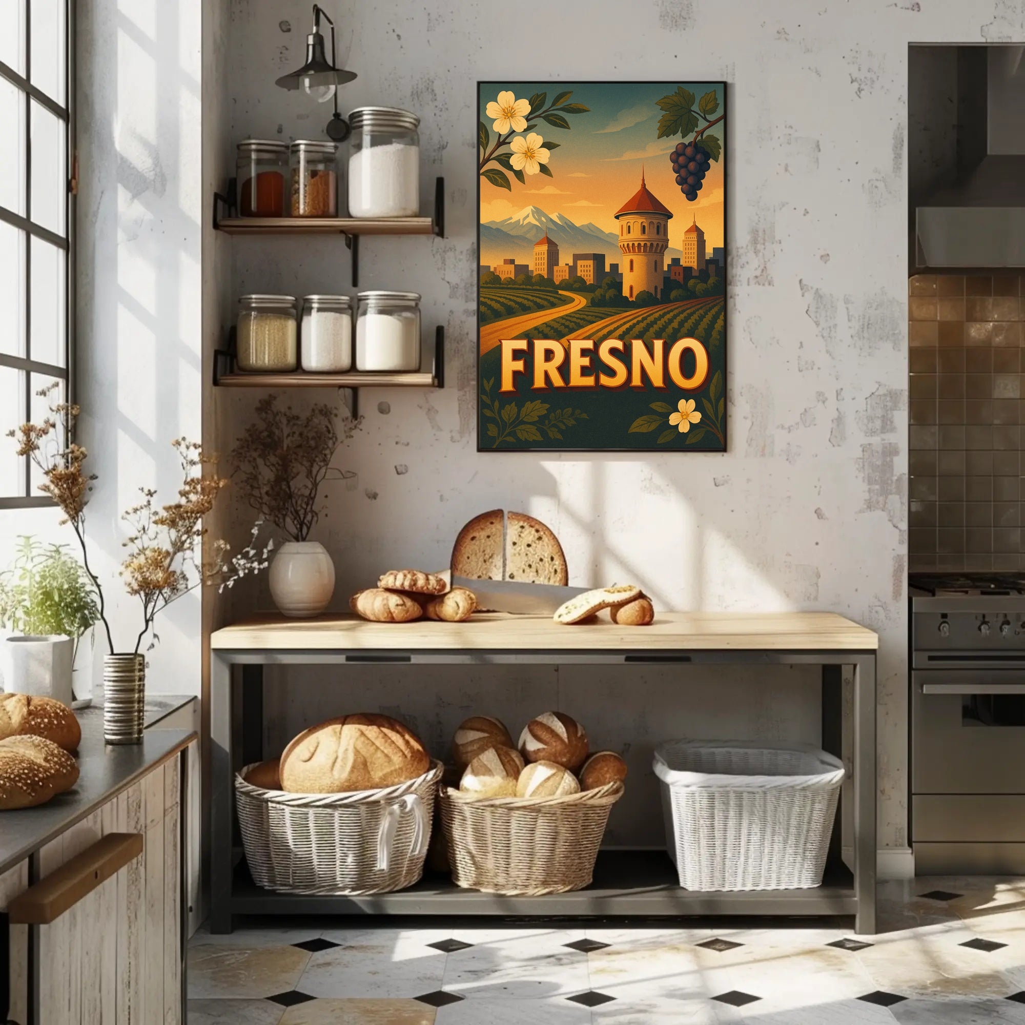 Fresno Vintage Travel Art Poster with Sunset Scenery