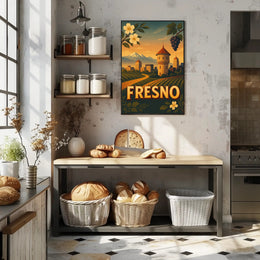 Fresno Vintage Travel Art Poster with Sunset Scenery
