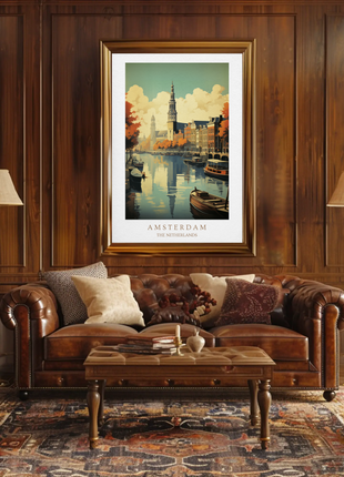 Amsterdam Netherlands Canal Autumn Reflections Travel Poster