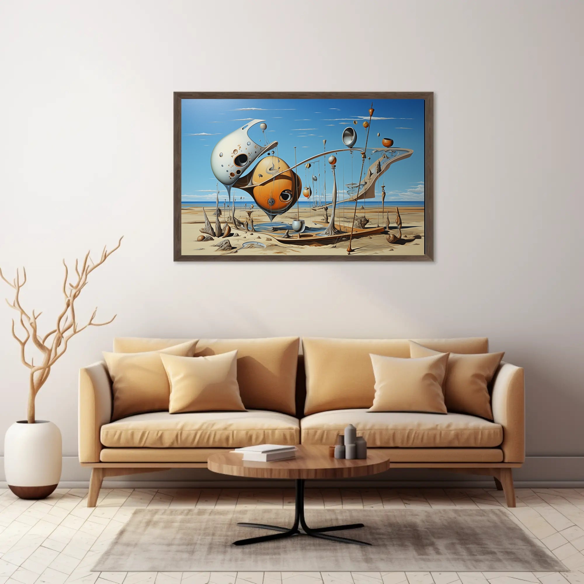 Surreal Desert Landscape with Futuristic Sculptures - Artistic Poster