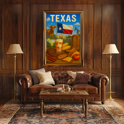 Texas Icons Food Flag Boots Beer Travel Poster
