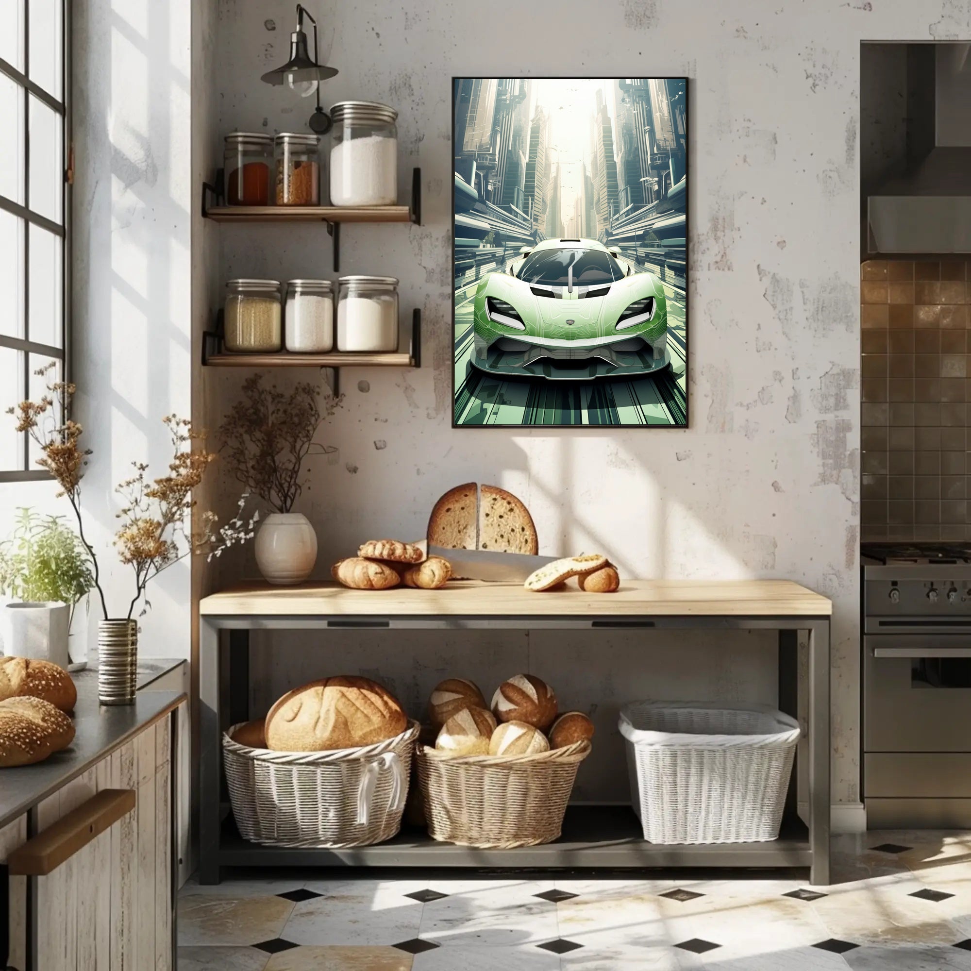 Futuristic Supercar in a Modern Cityscape Poster PosterGoat