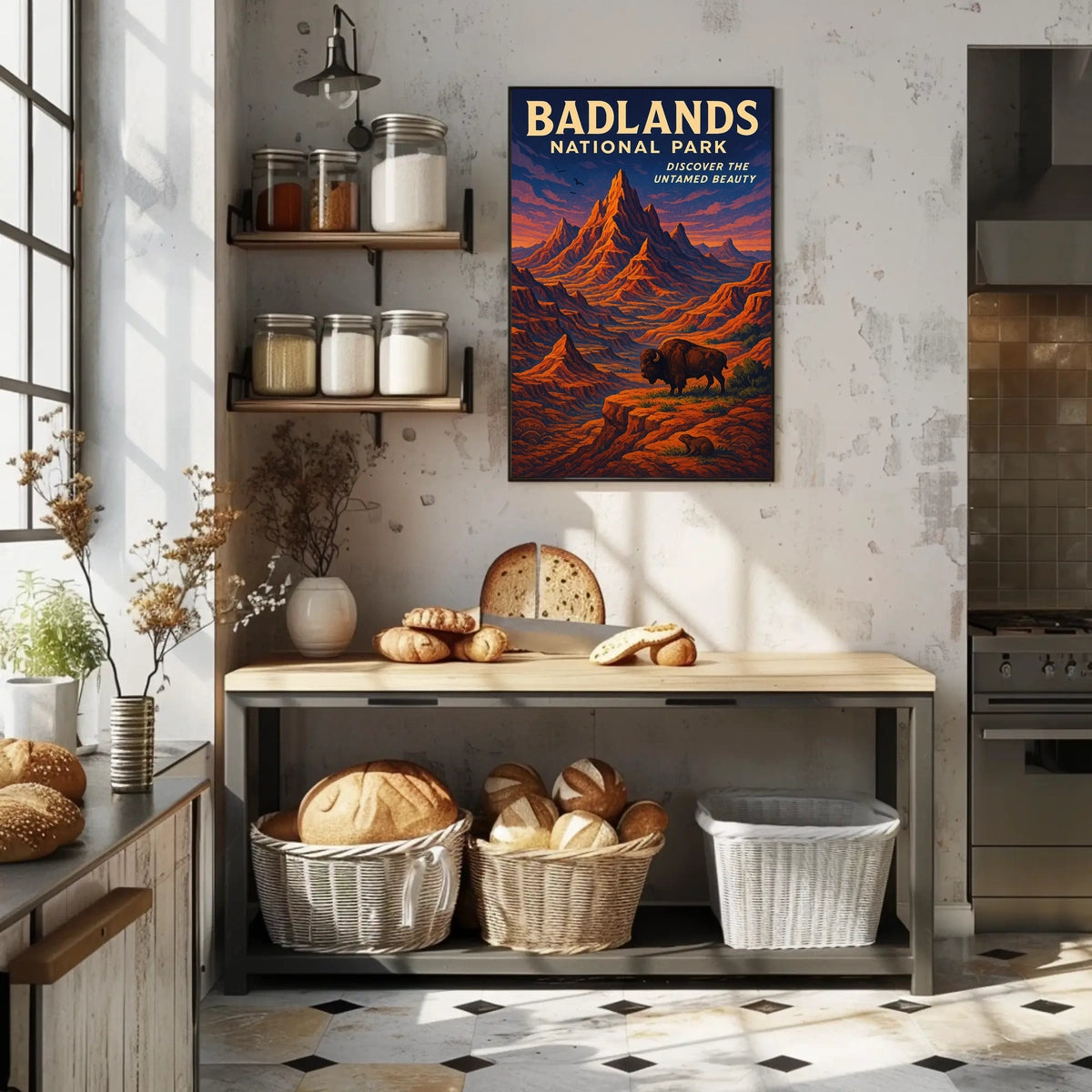 Badlands National Park Vintage Bison Adventure Poster
