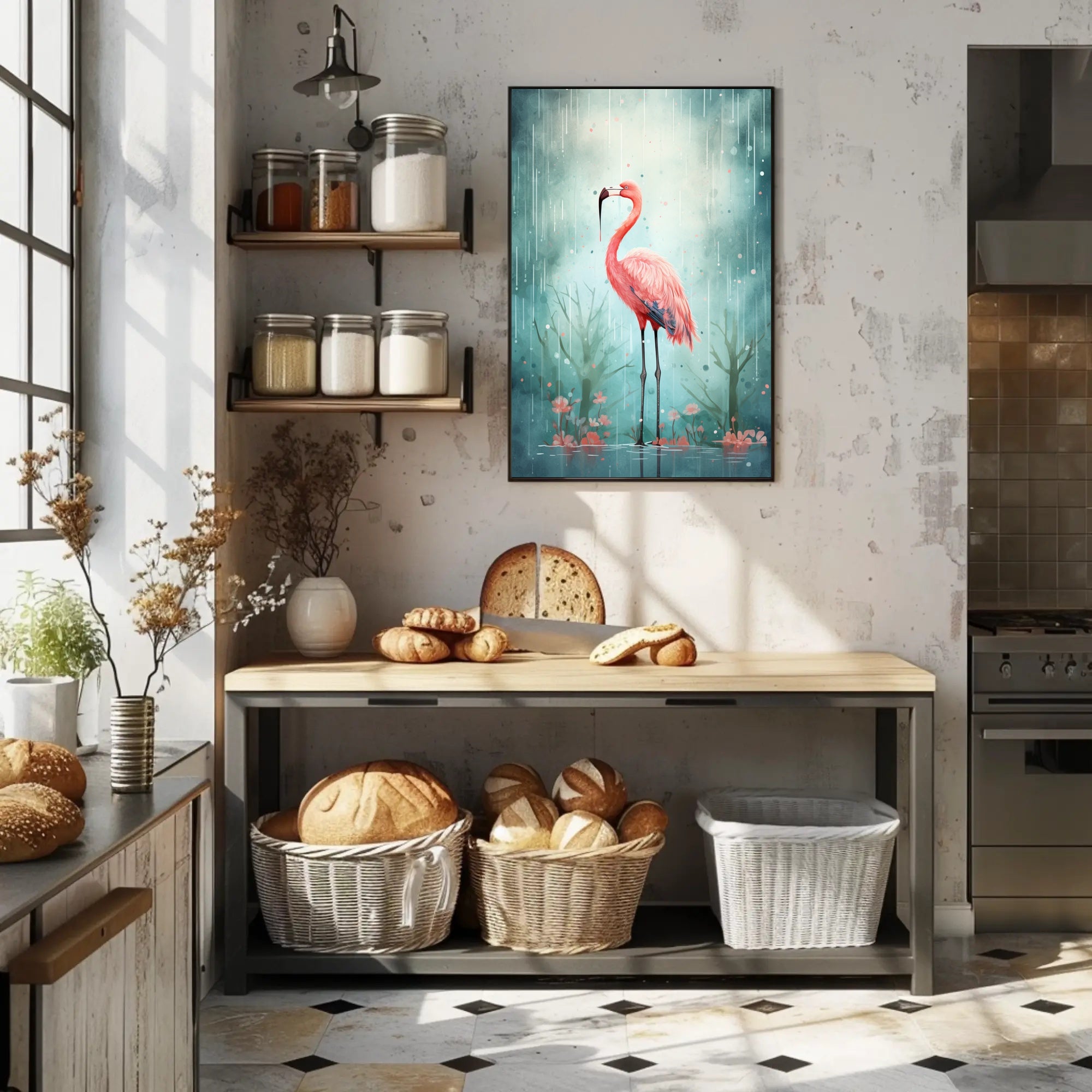 Flamingo In The Rain Poster
