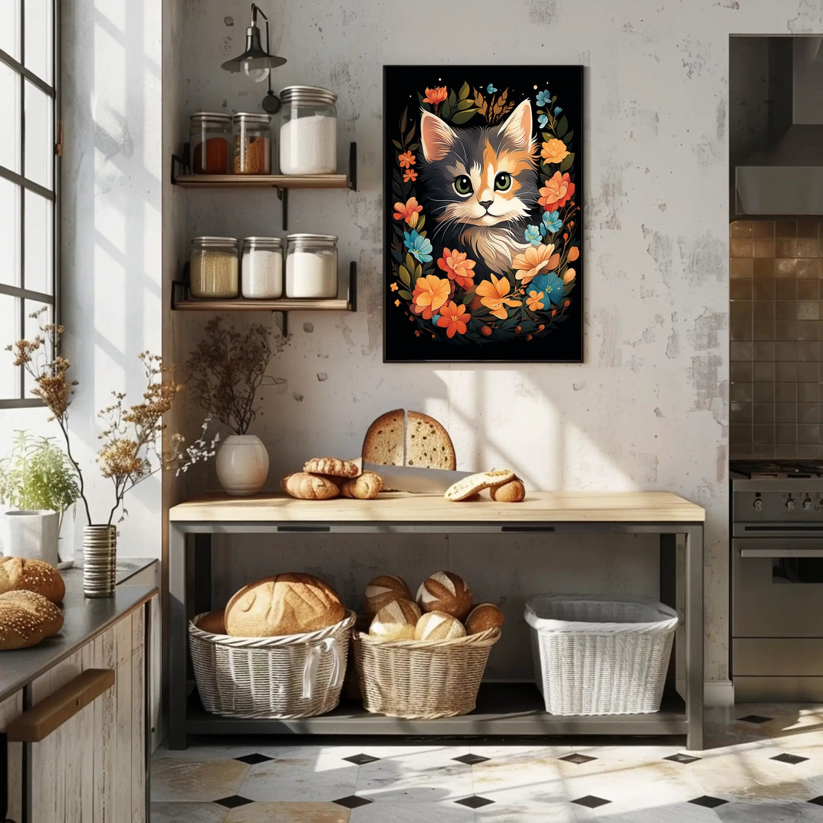Charming Cat Amidst Vibrant Floral Wonderland Poster