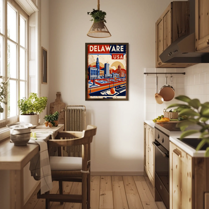 Delaware Waterfront Skyline Retro USA Vintage Maroon Travel Poster