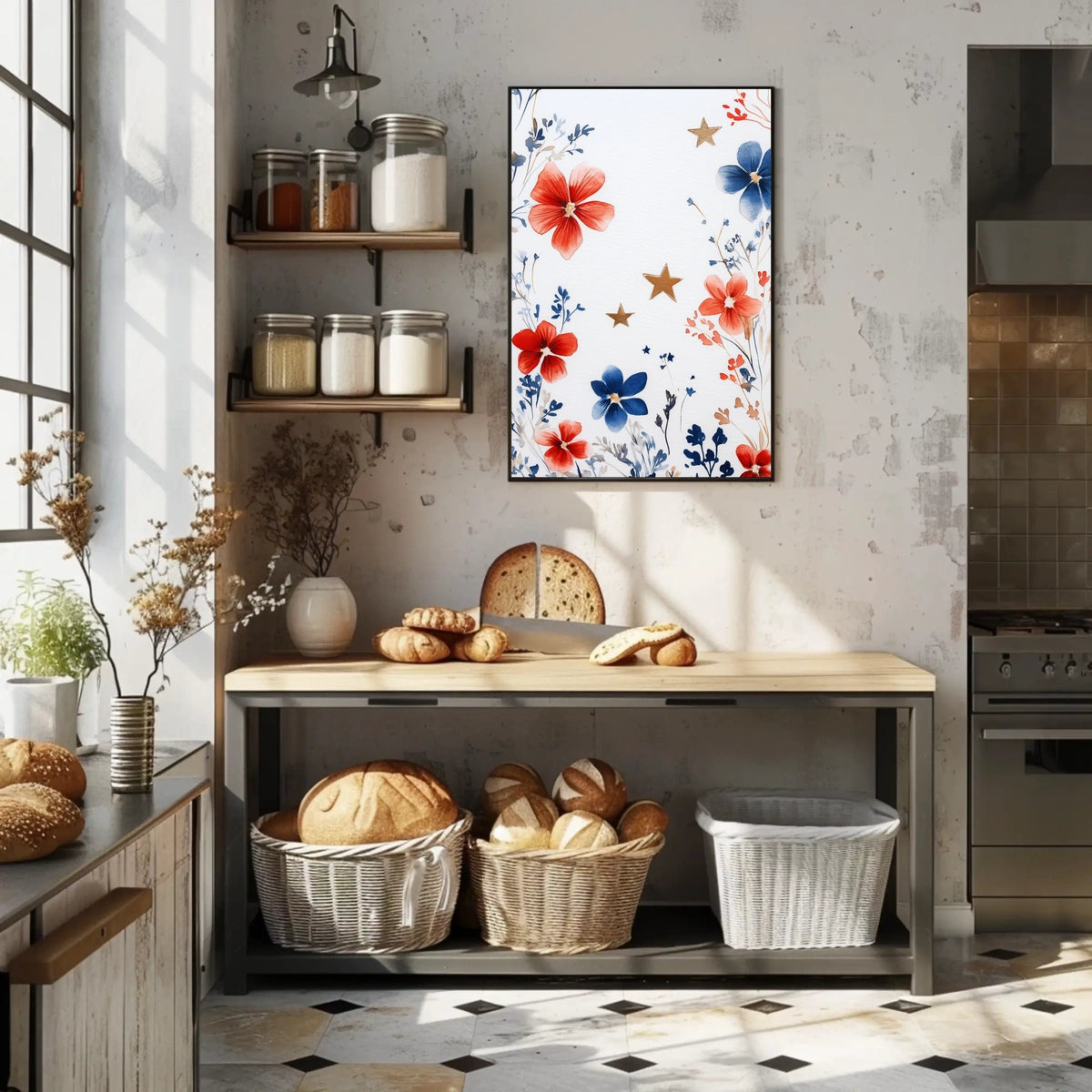 Three Stars With Loose Red And Blue Florals Artwork Poster