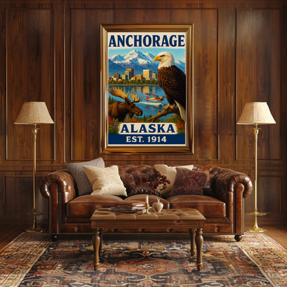 Anchorage Alaska Wildlife Skyline Nature Vintage Travel Poster