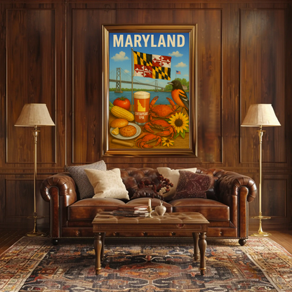 Maryland Crab Bridge Beer Corn Bird Flag Travel Poster