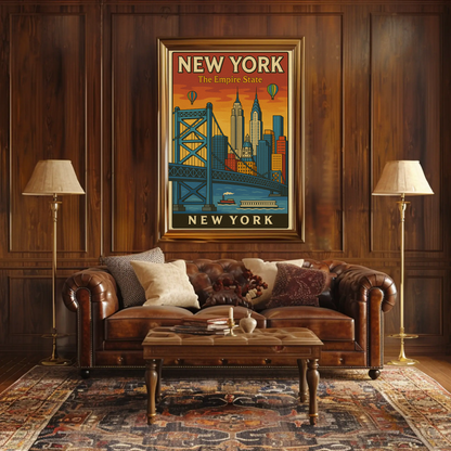 New York Empire State Skyline Bridge Vintage Poster