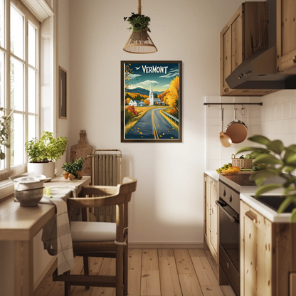 Vermont Vintage Poster - Autumn Road & Church