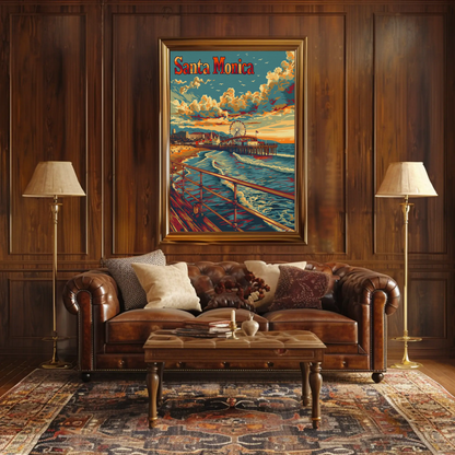 Santa Monica Sunset Pier and Surf Travel Poster