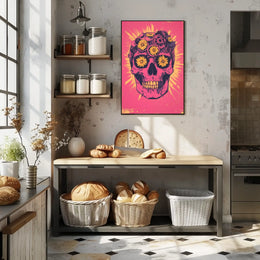 Pink Skull Surreal Flowers Gears Poster