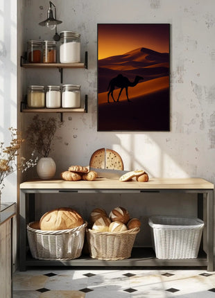 Camel Silhouette at Sunset Travel Poster