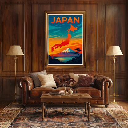 Japan Mount Fuji Map Sunset Travel Poster Poster