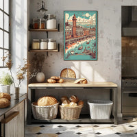 Vintage Coastal Town Illustration Poster