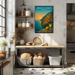 The poster showcases the Amalfi Coast in Italy, emphasizing its timeless beauty and Travel Poster