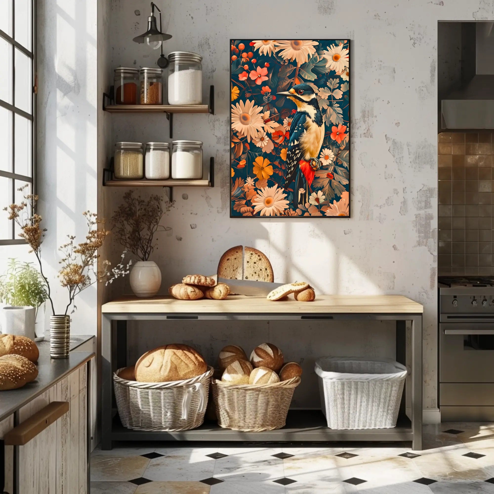 Vibrant Woodpecker Floral Paradise Poster