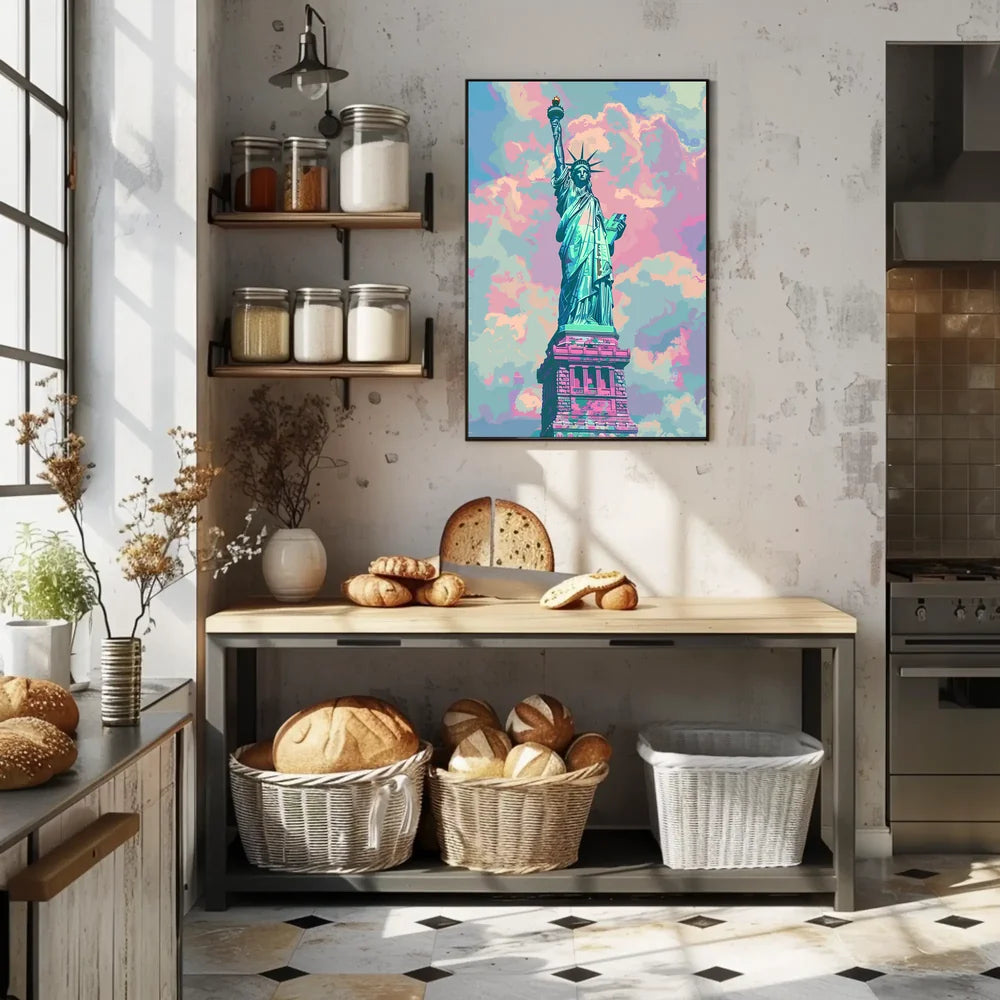 The poster features an artistic depiction of the Statue of Liberty, a symbol Travel Poster