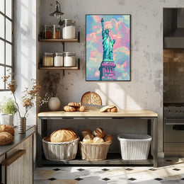 The poster features an artistic depiction of the Statue of Liberty, a symbol Travel Poster