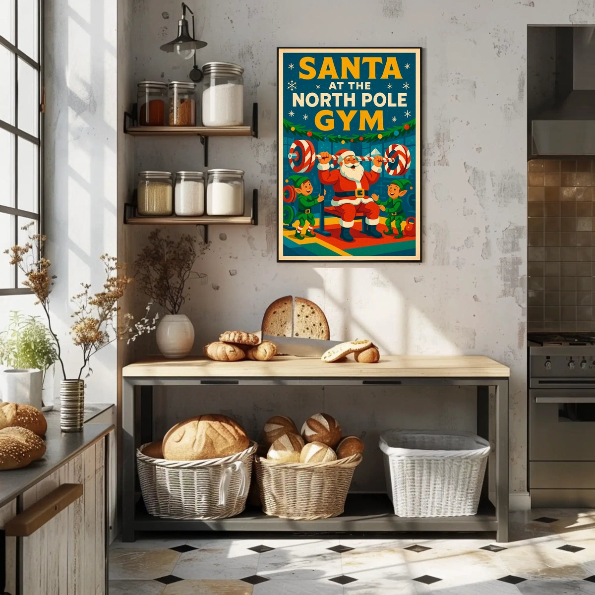 Santa Claus Lifting Weights Vintage Christmas Pop Culture Poster