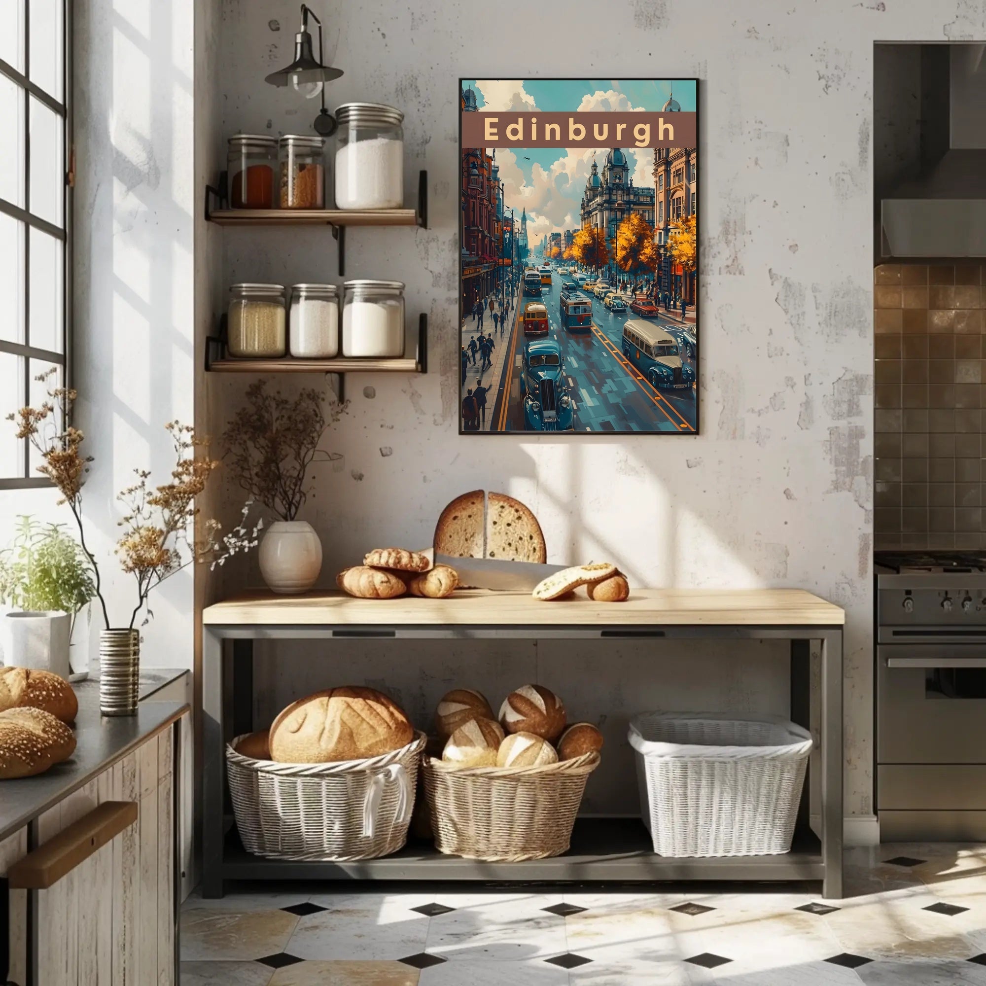 Edinburgh Cityscape: Vintage Vehicles and Autumn Charm Poster