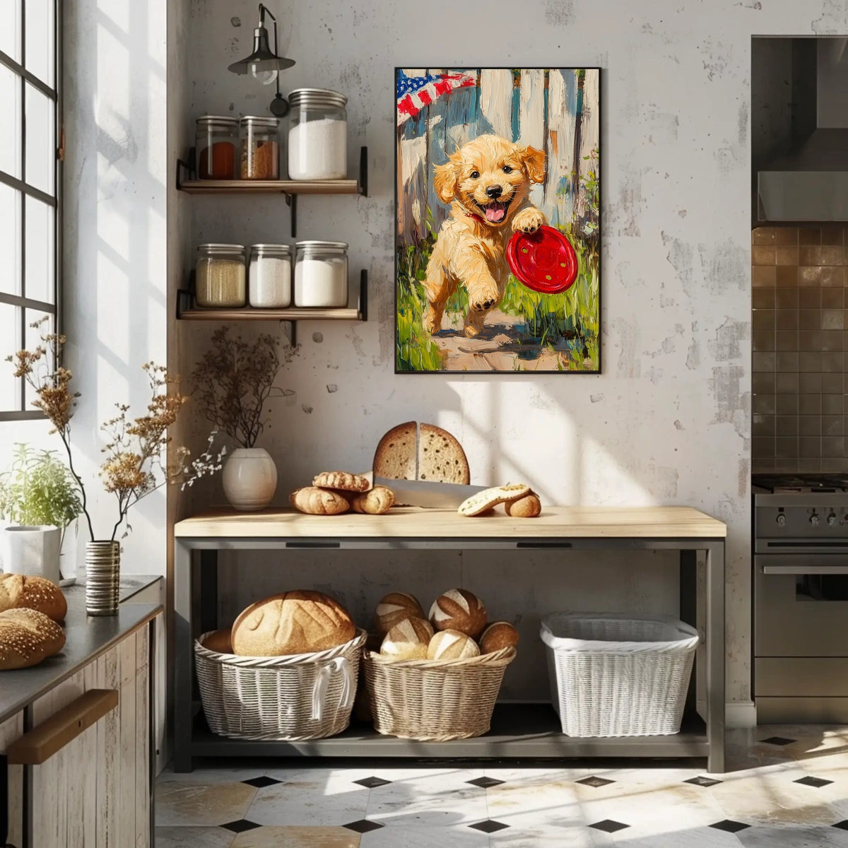Golden Retriever Puppy Running With Red Frisbee Poster
