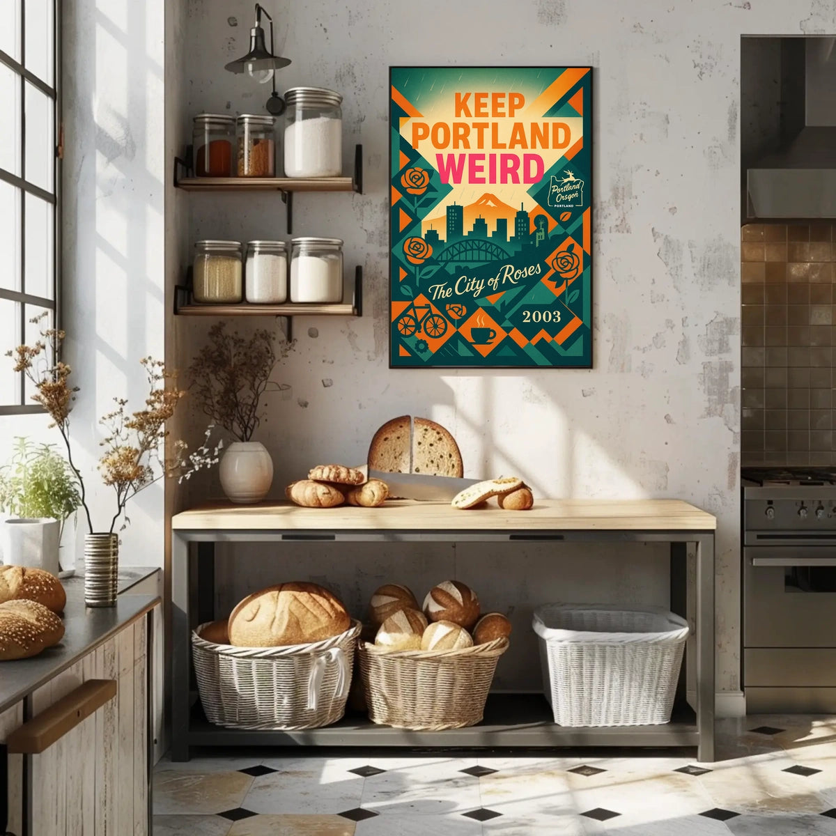 Portland Oregon Vintage Skyline Poster with Local Icons