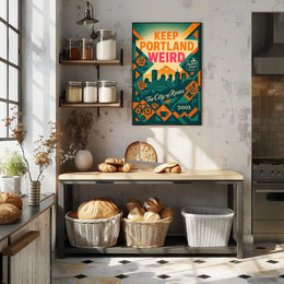 Portland Oregon Vintage Skyline Poster with Local Icons