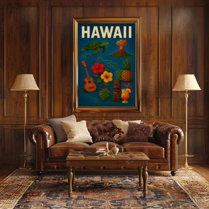 Hawaii Island Symbols Vintage Travel Poster