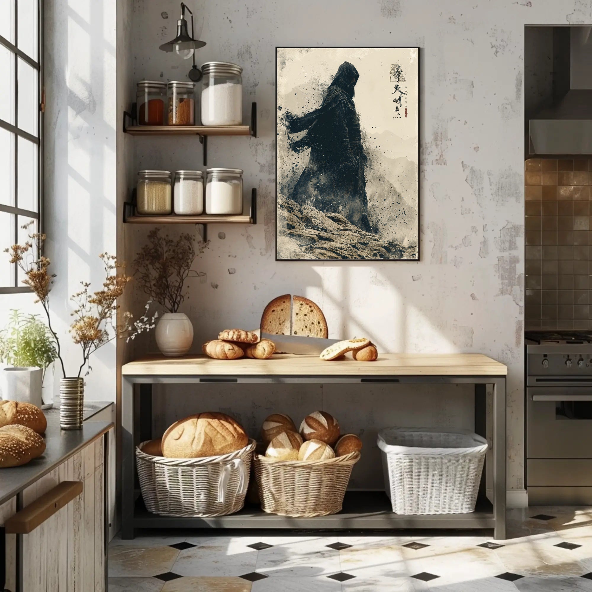 Mystical Hooded Figure in Rugged Landscape Artistic Poster PosterGoat