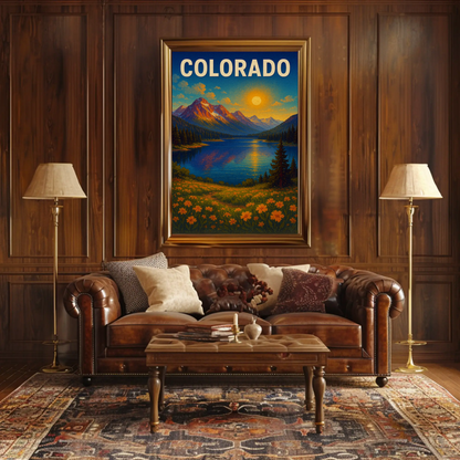 Colorado Sunset Mountain Lake Wildflower Travel Poster