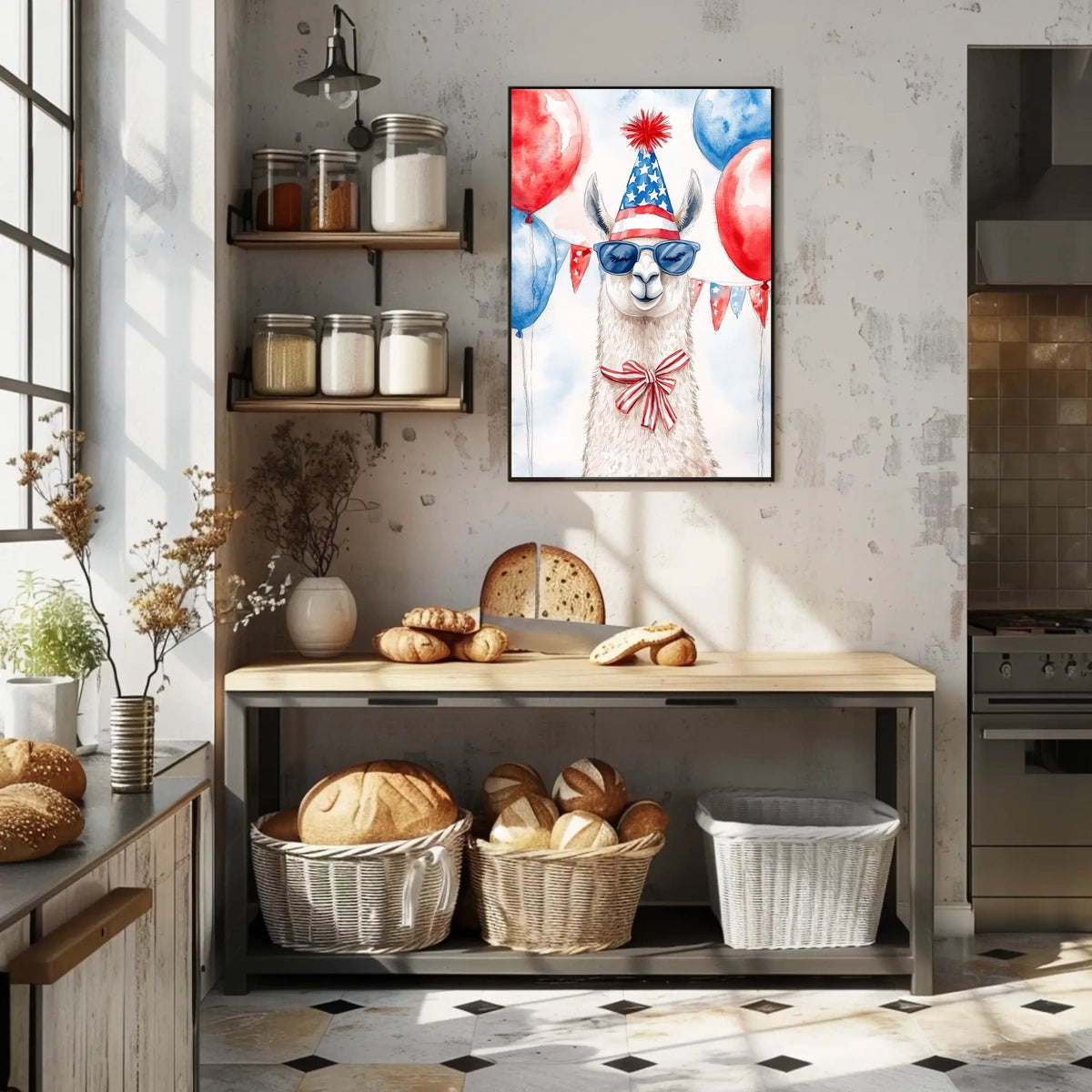 Playful watercolor of a llama wearing a stars and stripes hat and sunglasses standing in front of bunting and balloons in red white and blue Poster