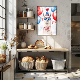 Playful watercolor of a llama wearing a stars and stripes hat and sunglasses standing in front of bunting and balloons in red white and blue Poster