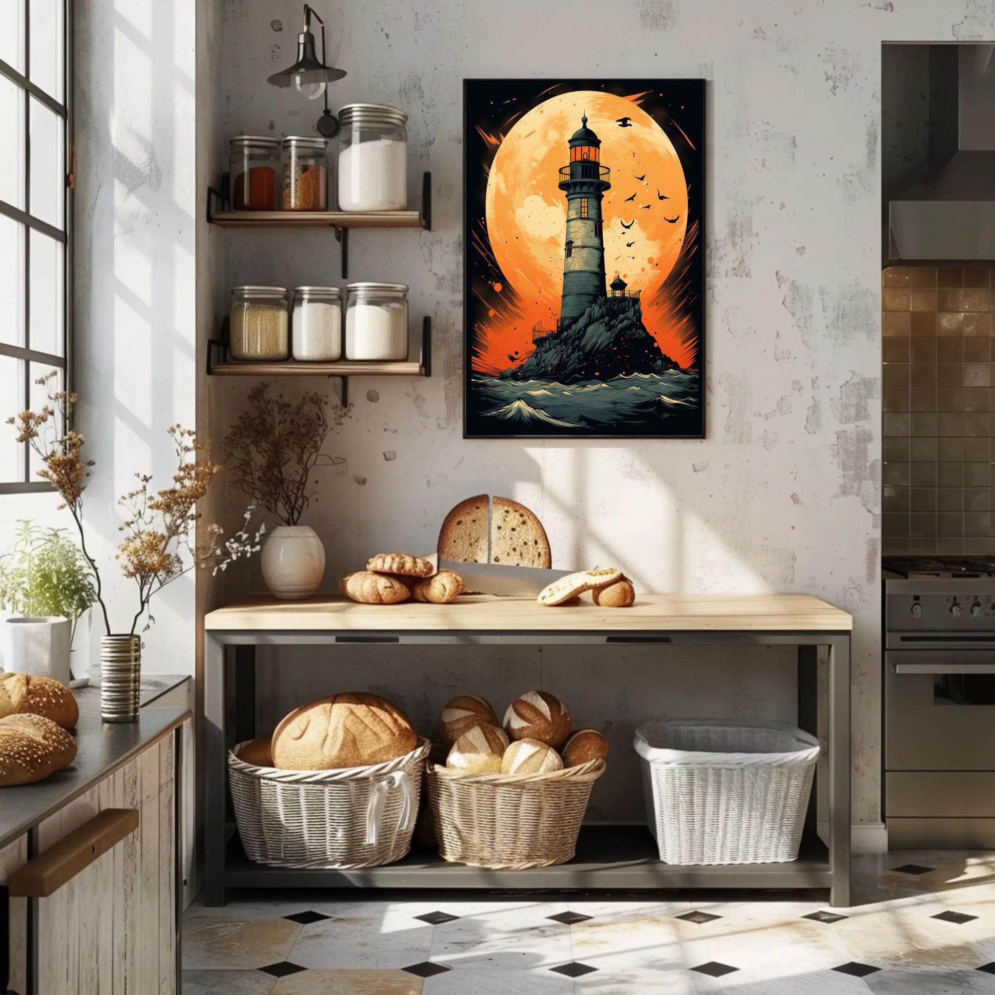 Lighthouse Under The Moon Poster PosterGoat