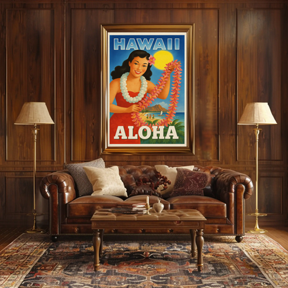 Vintage Hawaii Girl Lei Diamond Head Beach Travel Poster