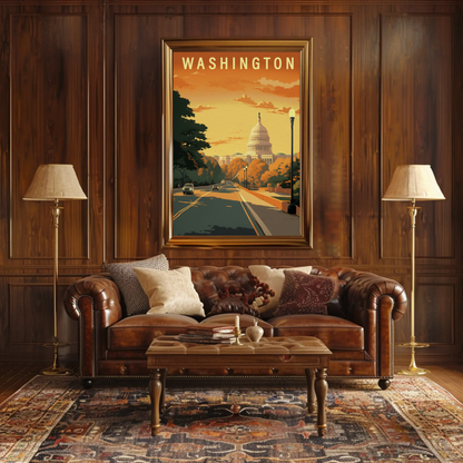 Washington USA Capitol Building Autumn Street Travel Poster
